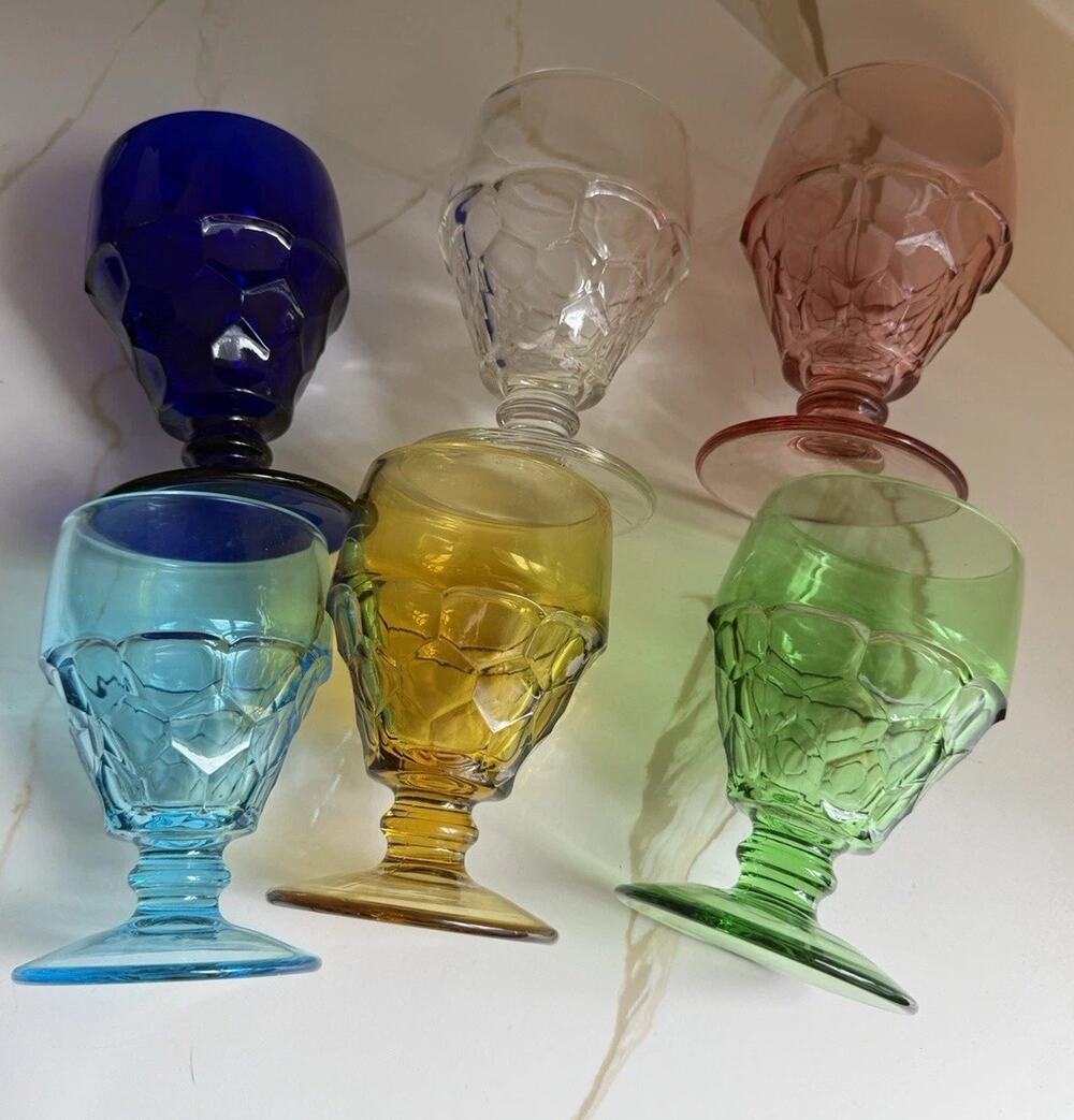 Vintage Viking Glass Georgian Thumbprint Honeycomb Water Goblet 5.5x4” Set Of 6
